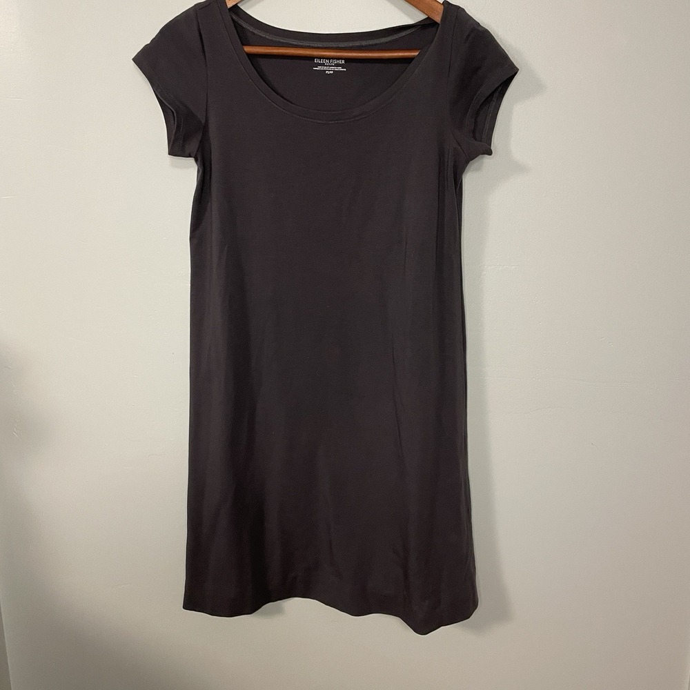 EILEEN FISHER Dress Sp Stretch Organic Cotton Shirtdress Cap Sleeve Black USA